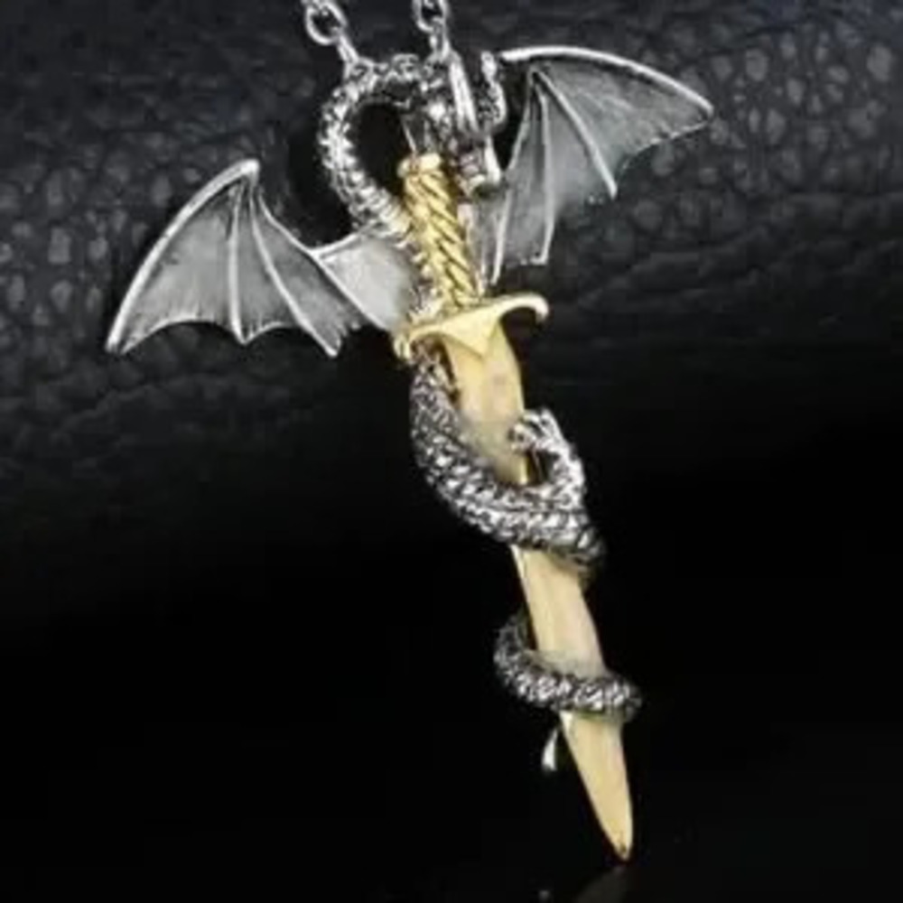 Sword Dragon Necklace Chain Pendant Silver Gold D&D Dungeons Dragons Solid - NEW